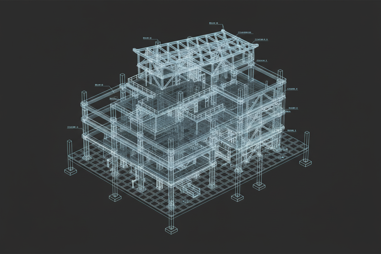 3D wireframe structural model with detected wall highlighted